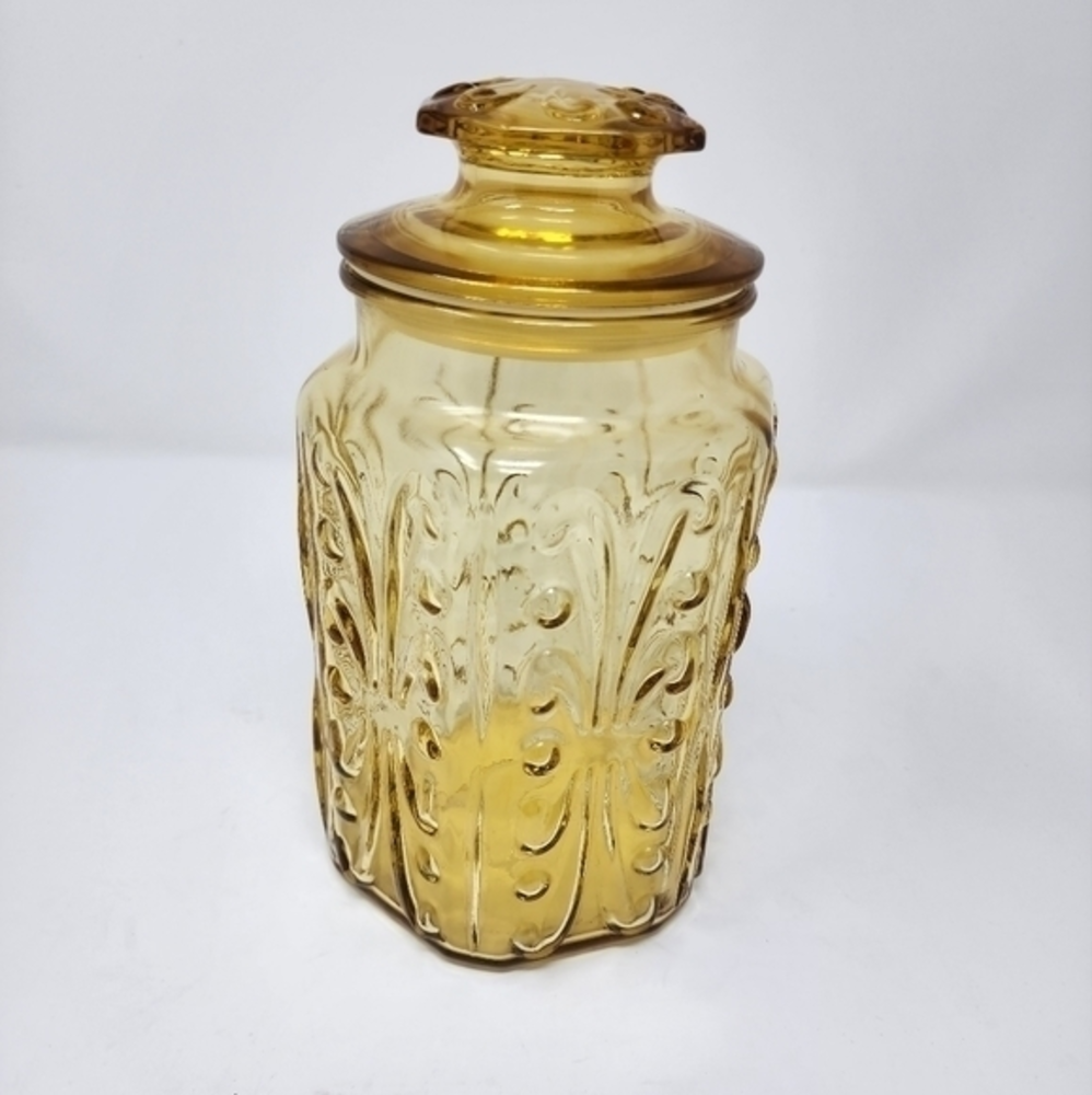 Vintage Yellow Amber Atterbury Scroll Imperial Glass Canister Jar With Lid‎ 9"